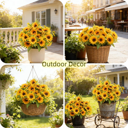 Artificial Sunflowers for Outdoors Fall Decor, 2 Bouquets | Garden, Patio, Wedding, Home, Centerpieces, Vase,UV Resistant, No Water,Bendable Stems, 17.7-Inch Length, 14 Large Blooms