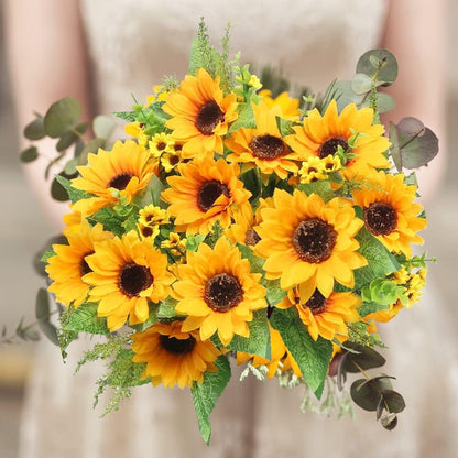 Artificial Sunflowers for Outdoors Fall Decor, 2 Bouquets | Garden, Patio, Wedding, Home, Centerpieces, Vase,UV Resistant, No Water,Bendable Stems, 17.7-Inch Length, 14 Large Blooms