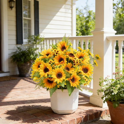Artificial Sunflowers for Outdoors Fall Decor, 2 Bouquets | Garden, Patio, Wedding, Home, Centerpieces, Vase,UV Resistant, No Water,Bendable Stems, 17.7-Inch Length, 14 Large Blooms