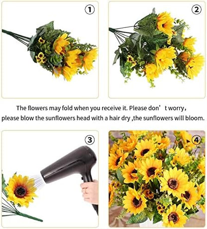 Artificial Sunflowers for Outdoors Fall Decor, 2 Bouquets | Garden, Patio, Wedding, Home, Centerpieces, Vase,UV Resistant, No Water,Bendable Stems, 17.7-Inch Length, 14 Large Blooms