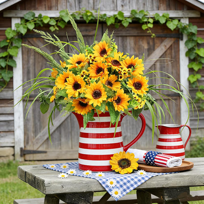 Artificial Sunflowers for Outdoors Fall Decor, 2 Bouquets | Garden, Patio, Wedding, Home, Centerpieces, Vase,UV Resistant, No Water,Bendable Stems, 17.7-Inch Length, 14 Large Blooms