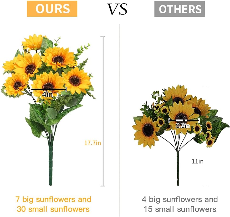 Artificial Sunflowers for Outdoors Fall Decor, 2 Bouquets | Garden, Patio, Wedding, Home, Centerpieces, Vase,UV Resistant, No Water,Bendable Stems, 17.7-Inch Length, 14 Large Blooms