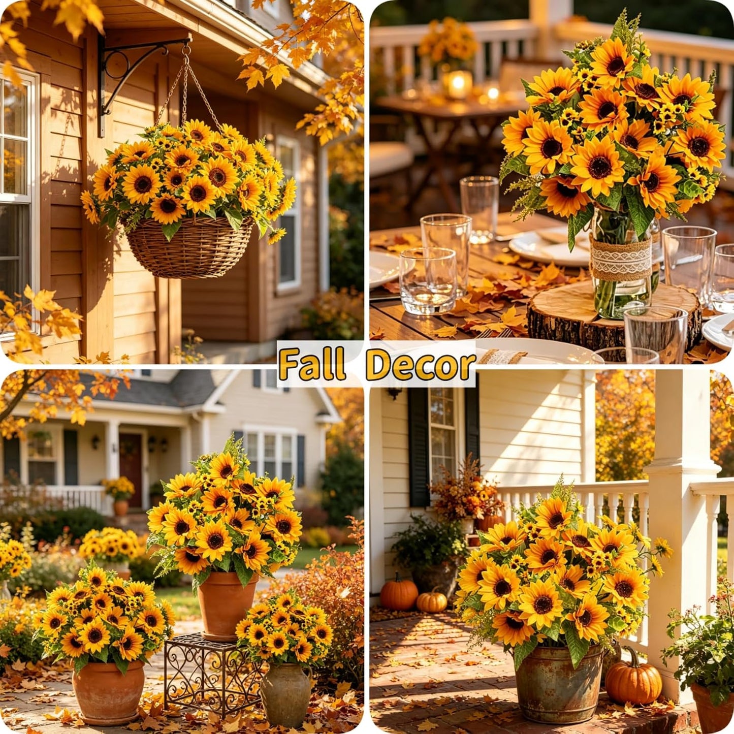 Artificial Sunflowers for Outdoors Fall Decor, 2 Bouquets | Garden, Patio, Wedding, Home, Centerpieces, Vase,UV Resistant, No Water,Bendable Stems, 17.7-Inch Length, 14 Large Blooms