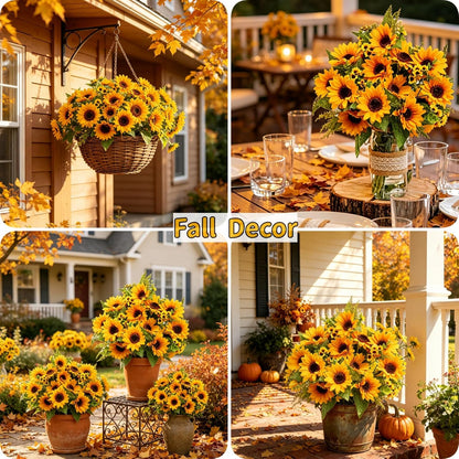 Artificial Sunflowers for Outdoors Fall Decor, 2 Bouquets | Garden, Patio, Wedding, Home, Centerpieces, Vase,UV Resistant, No Water,Bendable Stems, 17.7-Inch Length, 14 Large Blooms