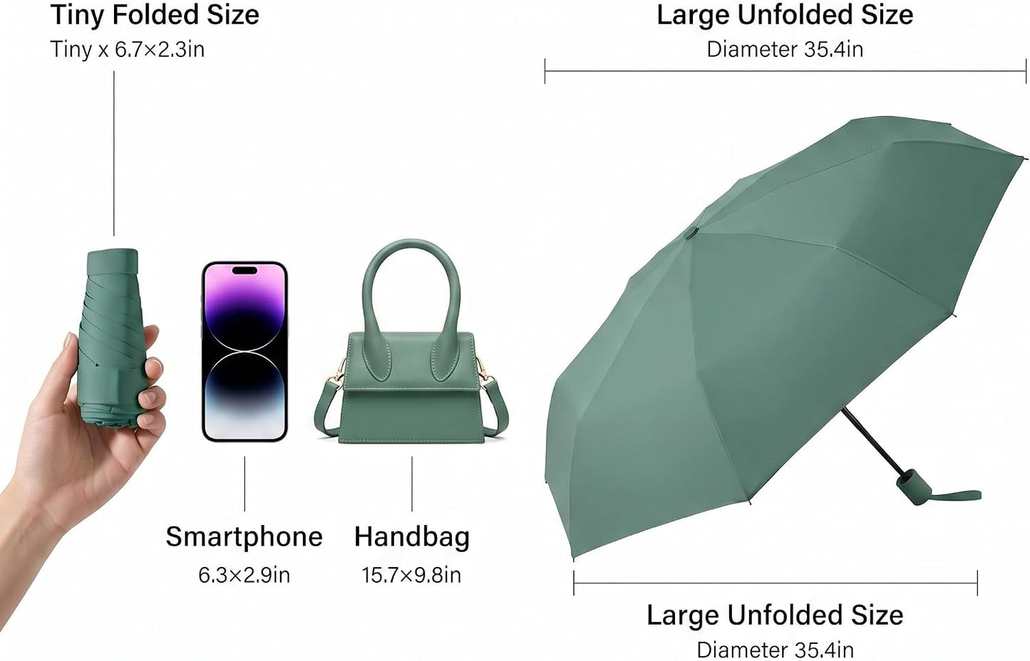Mini Travel Umbrella, UPF 50+ UV Sun Protection | Compact 6-rib sun parasol for purses and travel; lightweight shade for walking, commuting, and light rain.