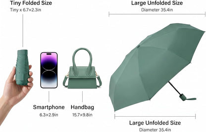Mini Travel Umbrella, UPF 50+ UV Sun Protection | Compact 6-rib sun parasol for purses and travel; lightweight shade for walking, commuting, and light rain.