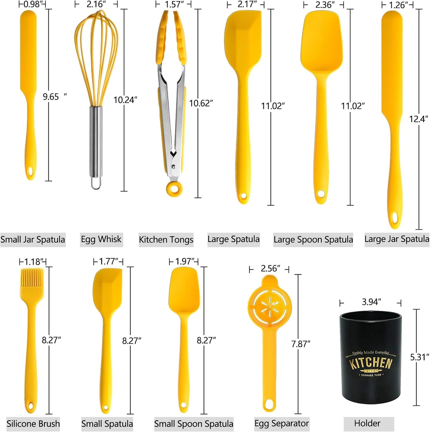 Silicone Spatula Set of 11 Kitchen Utensils with Iron Utensils Holder for Baking, Cooking, and Mixing,Cooking Spatulas Nonstick Cookware，Seamless and Flexible,Dishwasher Safe (Yellow)