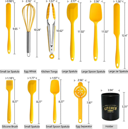 Silicone Spatula Set of 11 Kitchen Utensils with Iron Utensils Holder for Baking, Cooking, and Mixing,Cooking Spatulas Nonstick Cookware，Seamless and Flexible,Dishwasher Safe (Yellow)