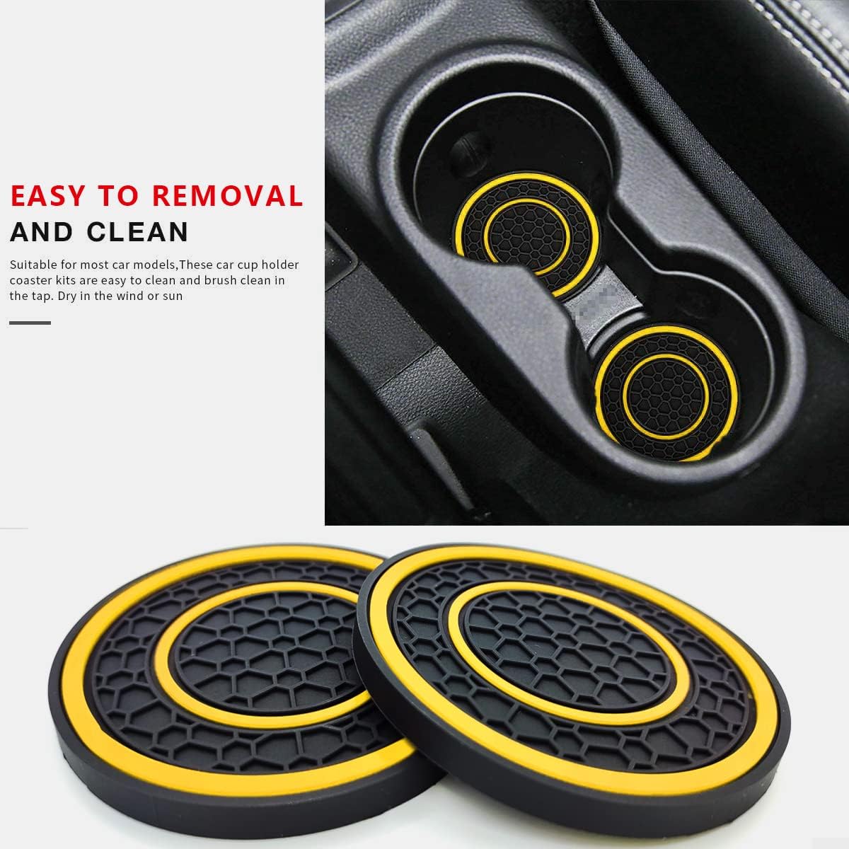 Car Cup Holder Coasters, 2 Pack Universal Auto Anti Slip Cup Holder Insert Coaster, Car Interior Accessories (Yellow)