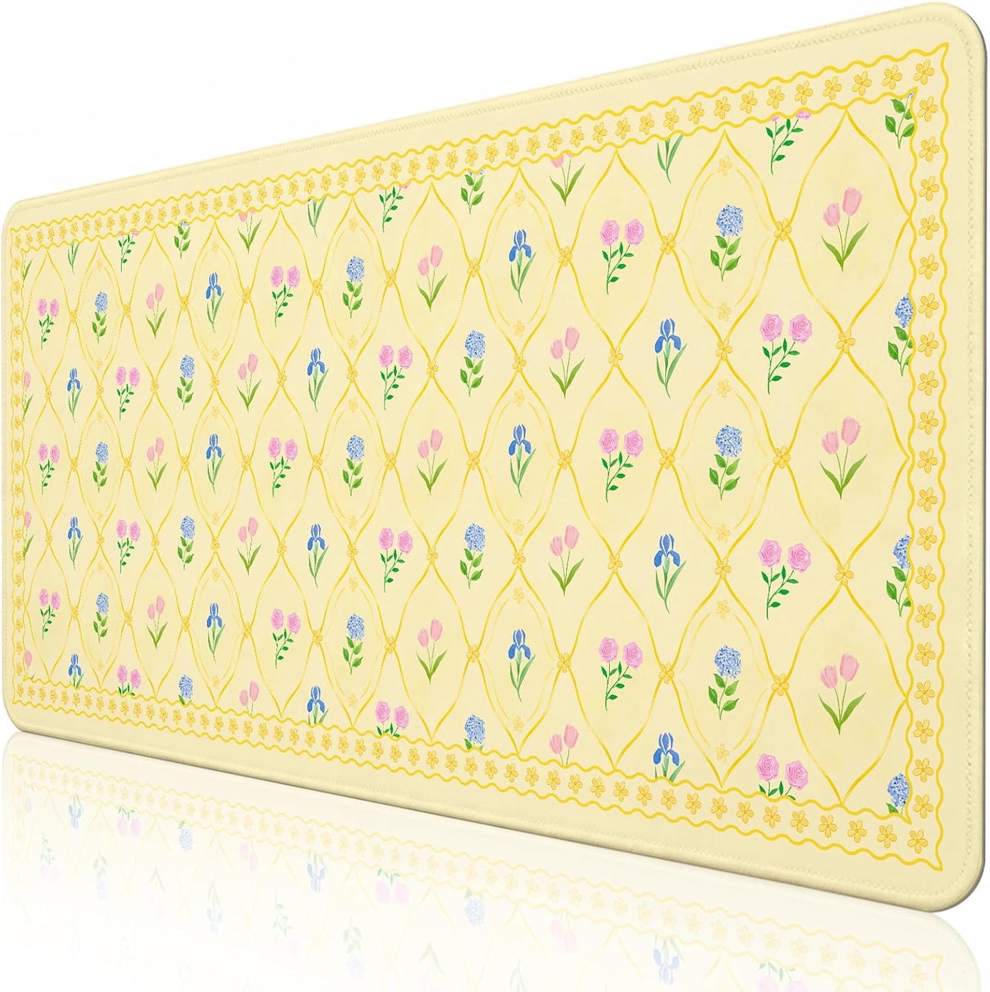 Floral Aesthetic Yellow Mouse Pad Large 35.4×15.7 Flower Girly Desk Mat for Women, Non-Slip Water-Resistant Pad for Home Office Gaming Decor