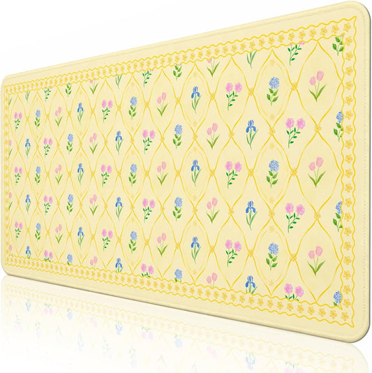 Floral Aesthetic Yellow Mouse Pad Large 35.4×15.7 Flower Girly Desk Mat for Women, Non-Slip Water-Resistant Pad for Home Office Gaming Decor