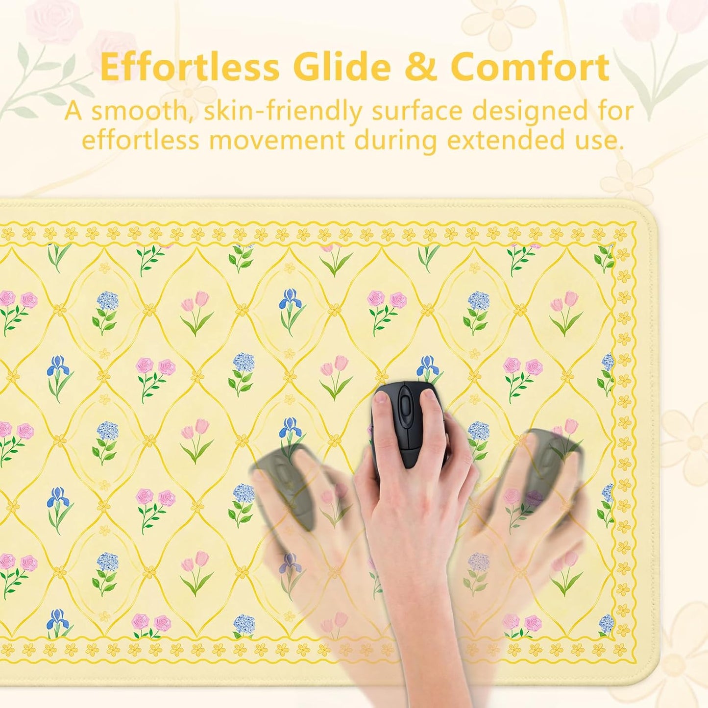 Floral Aesthetic Yellow Mouse Pad Large 35.4×15.7 Flower Girly Desk Mat for Women, Non-Slip Water-Resistant Pad for Home Office Gaming Decor