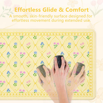 Floral Aesthetic Yellow Mouse Pad Large 35.4×15.7 Flower Girly Desk Mat for Women, Non-Slip Water-Resistant Pad for Home Office Gaming Decor