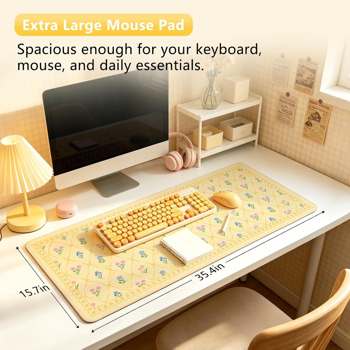 Floral Aesthetic Yellow Mouse Pad Large 35.4×15.7 Flower Girly Desk Mat for Women, Non-Slip Water-Resistant Pad for Home Office Gaming Decor