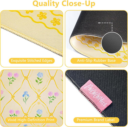 Floral Aesthetic Yellow Mouse Pad Large 35.4×15.7 Flower Girly Desk Mat for Women, Non-Slip Water-Resistant Pad for Home Office Gaming Decor