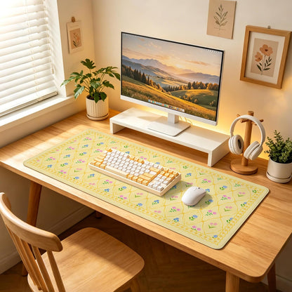 Floral Aesthetic Yellow Mouse Pad Large 35.4×15.7 Flower Girly Desk Mat for Women, Non-Slip Water-Resistant Pad for Home Office Gaming Decor