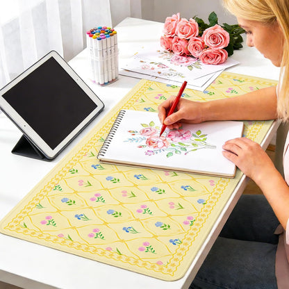 Floral Aesthetic Yellow Mouse Pad Large 35.4×15.7 Flower Girly Desk Mat for Women, Non-Slip Water-Resistant Pad for Home Office Gaming Decor