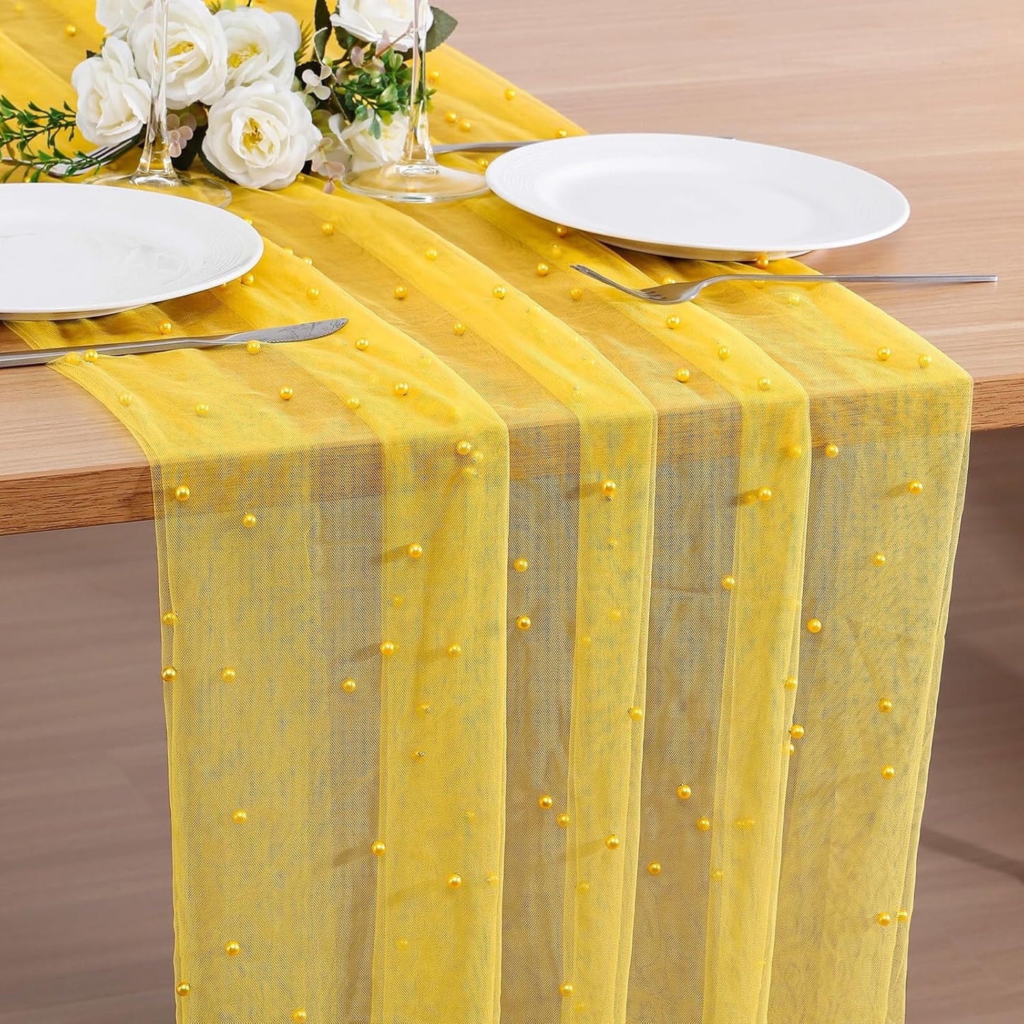 Pearl Table Runner Spring Summer Rustic Boho 10ft Tulle Table Runner for Baby Shower Wedding Veil Holiday Dessert Table Decor Yellow