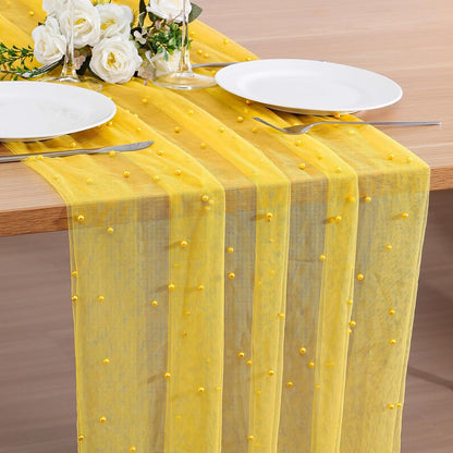Pearl Table Runner Spring Summer Rustic Boho 10ft Tulle Table Runner for Baby Shower Wedding Veil Holiday Dessert Table Decor Yellow