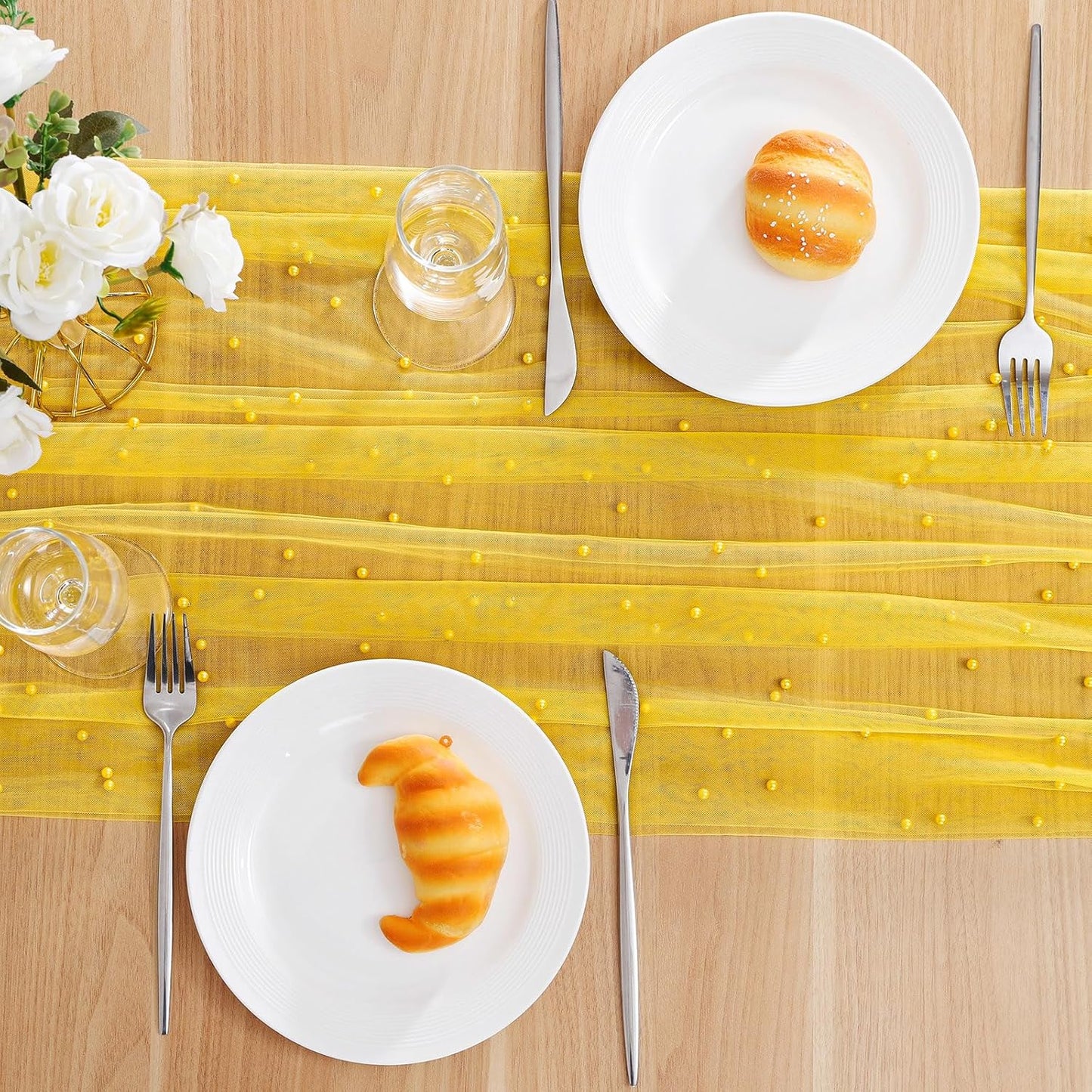 Pearl Table Runner Spring Summer Rustic Boho 10ft Tulle Table Runner for Baby Shower Wedding Veil Holiday Dessert Table Decor Yellow