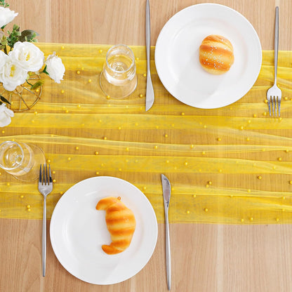 Pearl Table Runner Spring Summer Rustic Boho 10ft Tulle Table Runner for Baby Shower Wedding Veil Holiday Dessert Table Decor Yellow