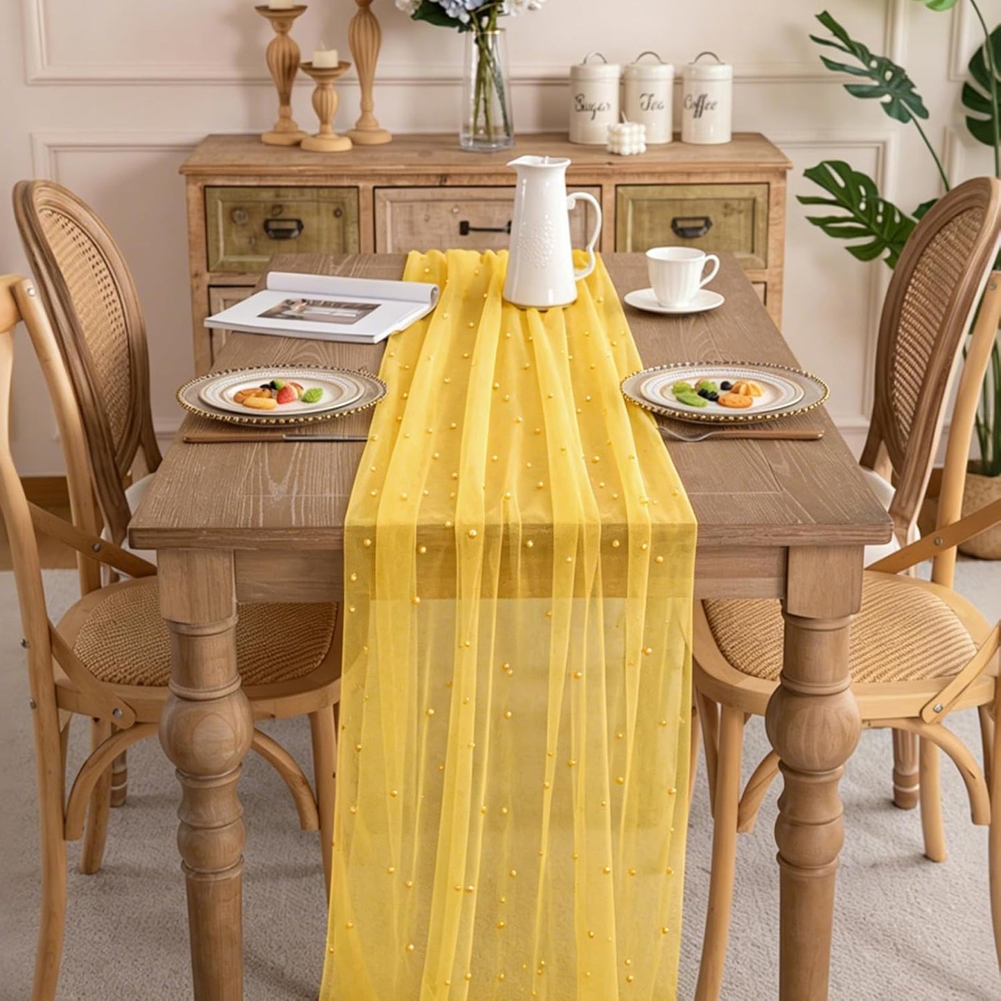 Pearl Table Runner Spring Summer Rustic Boho 10ft Tulle Table Runner for Baby Shower Wedding Veil Holiday Dessert Table Decor Yellow