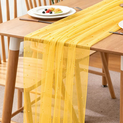 Pearl Table Runner Spring Summer Rustic Boho 10ft Tulle Table Runner for Baby Shower Wedding Veil Holiday Dessert Table Decor Yellow