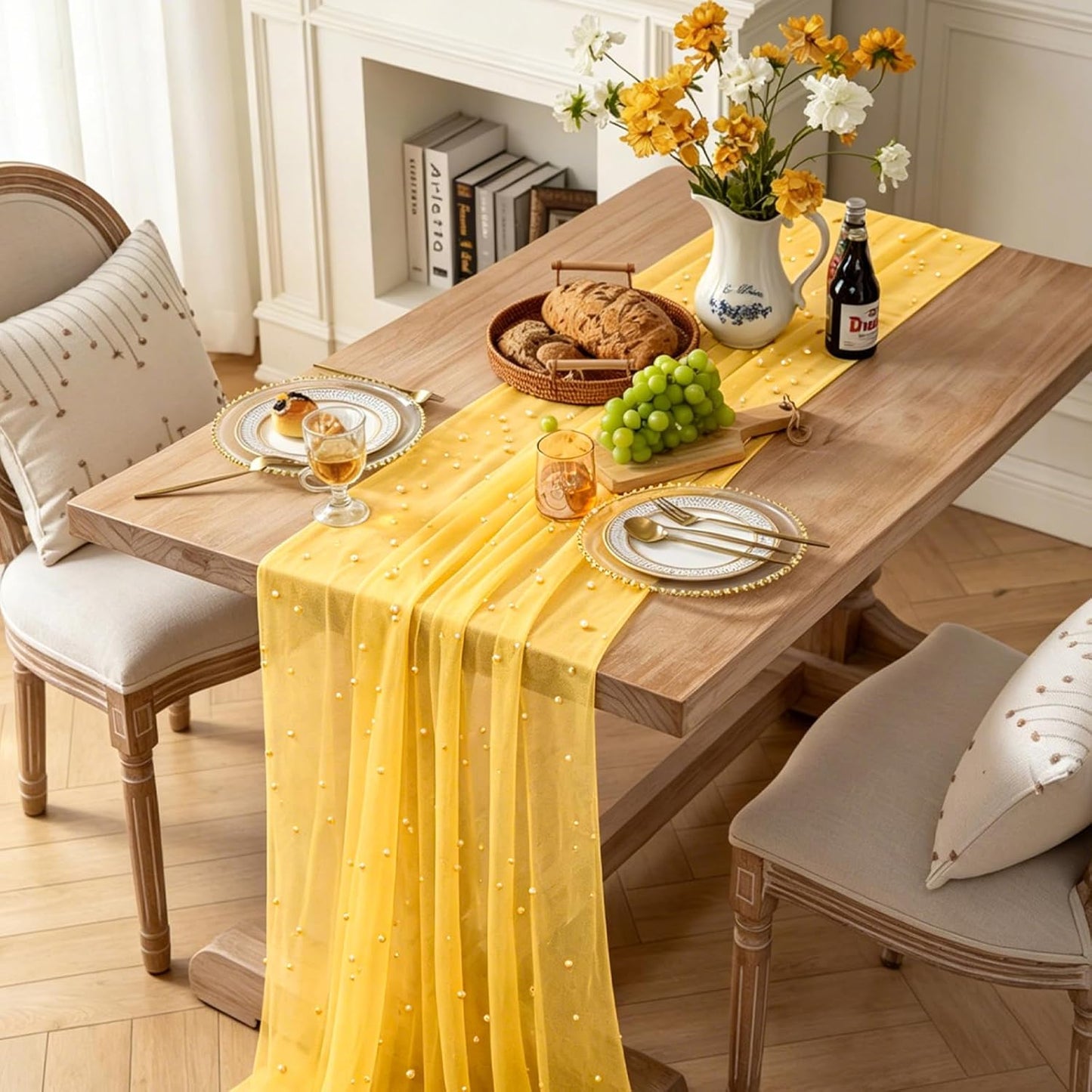 Pearl Table Runner Spring Summer Rustic Boho 10ft Tulle Table Runner for Baby Shower Wedding Veil Holiday Dessert Table Decor Yellow