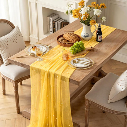 Pearl Table Runner Spring Summer Rustic Boho 10ft Tulle Table Runner for Baby Shower Wedding Veil Holiday Dessert Table Decor Yellow