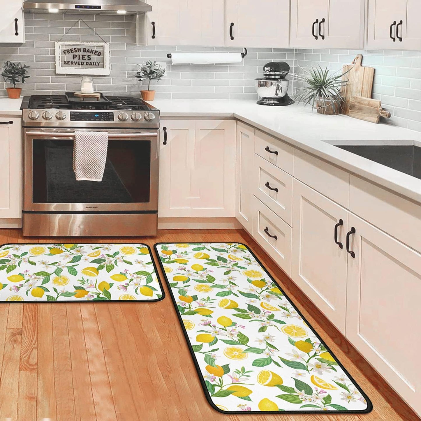 Lemon Kitchen Rugs and Mats Set of 2, Non Slip Washable Kitchen Runner Rug, Fresh Citrus Fruit Kitchen Floor Mats, Farmhouse Kitchen Decor Rug Set for Sink, Laundry Room, 17"x30"+17"x47"