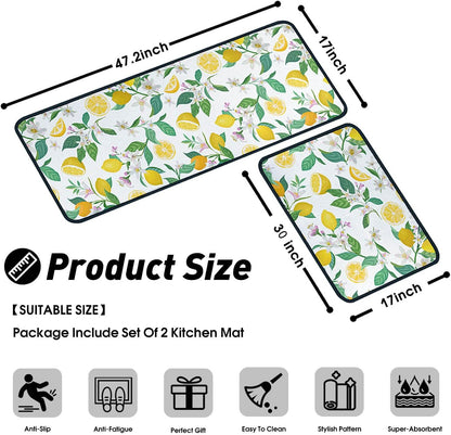 Lemon Kitchen Rugs and Mats Set of 2, Non Slip Washable Kitchen Runner Rug, Fresh Citrus Fruit Kitchen Floor Mats, Farmhouse Kitchen Decor Rug Set for Sink, Laundry Room, 17"x30"+17"x47"
