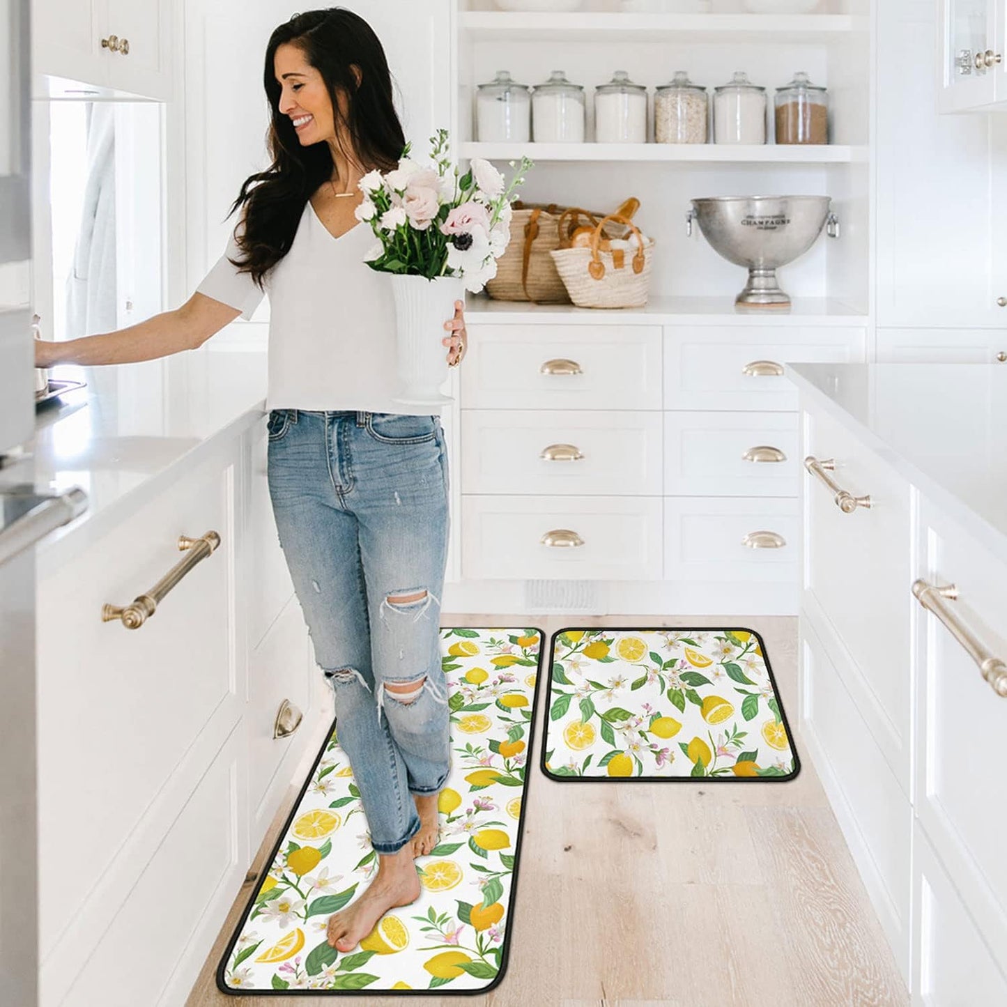 Lemon Kitchen Rugs and Mats Set of 2, Non Slip Washable Kitchen Runner Rug, Fresh Citrus Fruit Kitchen Floor Mats, Farmhouse Kitchen Decor Rug Set for Sink, Laundry Room, 17"x30"+17"x47"
