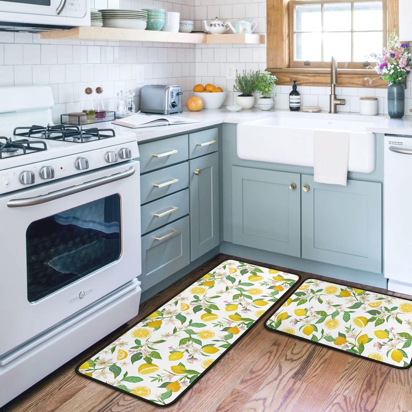 Lemon Kitchen Rugs and Mats Set of 2, Non Slip Washable Kitchen Runner Rug, Fresh Citrus Fruit Kitchen Floor Mats, Farmhouse Kitchen Decor Rug Set for Sink, Laundry Room, 17"x30"+17"x47"