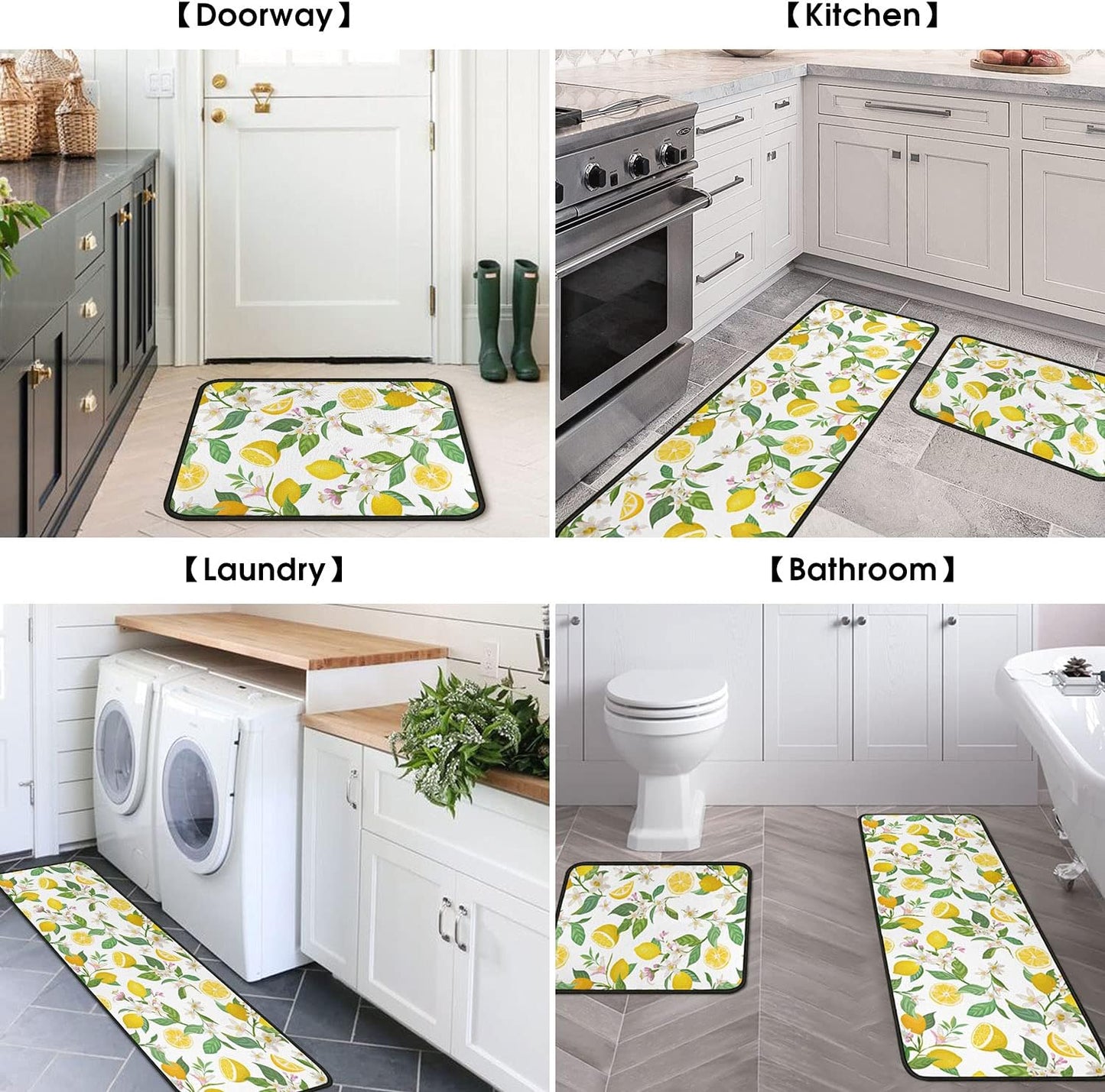Lemon Kitchen Rugs and Mats Set of 2, Non Slip Washable Kitchen Runner Rug, Fresh Citrus Fruit Kitchen Floor Mats, Farmhouse Kitchen Decor Rug Set for Sink, Laundry Room, 17"x30"+17"x47"