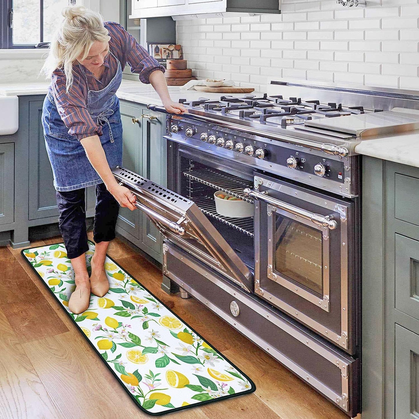 Lemon Kitchen Rugs and Mats Set of 2, Non Slip Washable Kitchen Runner Rug, Fresh Citrus Fruit Kitchen Floor Mats, Farmhouse Kitchen Decor Rug Set for Sink, Laundry Room, 17"x30"+17"x47"