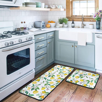 Lemon Kitchen Rugs and Mats Set of 2, Non Slip Washable Kitchen Runner Rug, Fresh Citrus Fruit Kitchen Floor Mats, Farmhouse Kitchen Decor Rug Set for Sink, Laundry Room, 17"x30"+17"x47"