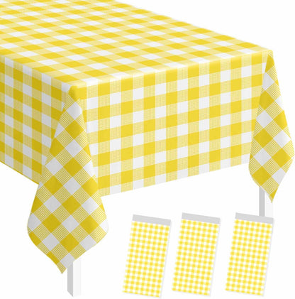 3 Pack Yellow Gingham Tablecloth Rectangle 54 x 108 Yellow and White Checkered Table Cloth Disposable Plaid Table Cover Plastic for Birthday Baby Shower Picnic Wedding Party Supplies