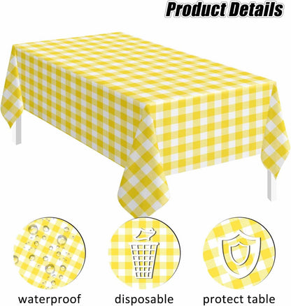 3 Pack Yellow Gingham Tablecloth Rectangle 54 x 108 Yellow and White Checkered Table Cloth Disposable Plaid Table Cover Plastic for Birthday Baby Shower Picnic Wedding Party Supplies