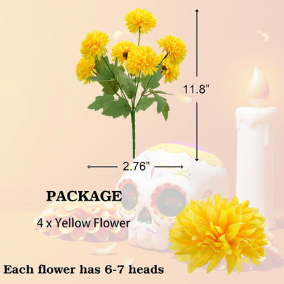 Artificial Marigold Flowers, 4 Pack 12 Inch Silk Marigold Flower Heads Bouquet for Day of The Dead Decor Diwali Halloween Decoration Dia De Los Muertos Home Decoration, Yellow