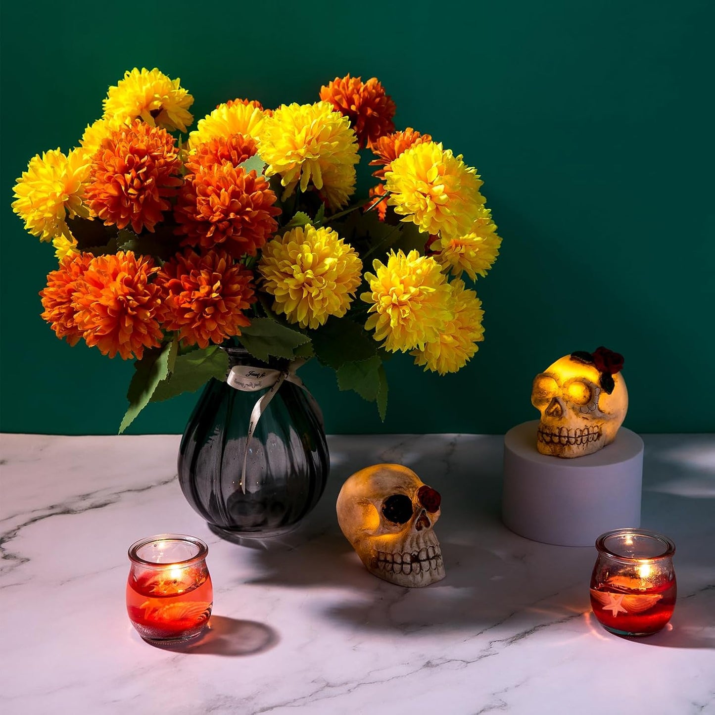 Artificial Marigold Flowers, 4 Pack 12 Inch Silk Marigold Flower Heads Bouquet for Day of The Dead Decor Diwali Halloween Decoration Dia De Los Muertos Home Decoration, Yellow