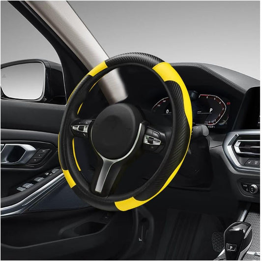 Car Steering Wheel Cover, 15 Inch Carbon Fiber Leather Stitching Color Steering Wheel Protector, Anti-Slip Elastic Breathable Steering Wheel Cover Stylish Decor for Most Cars (Yellow)
