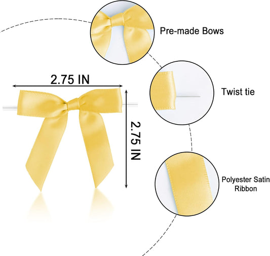 50 PCS Yellow Twist Tie Bows 2.5" Satin Ribbon Bows Decor for Gift Wrapping Craft Treat Bags Cake Pop Basket, Wedding Baby Shower Birthday Party Favors