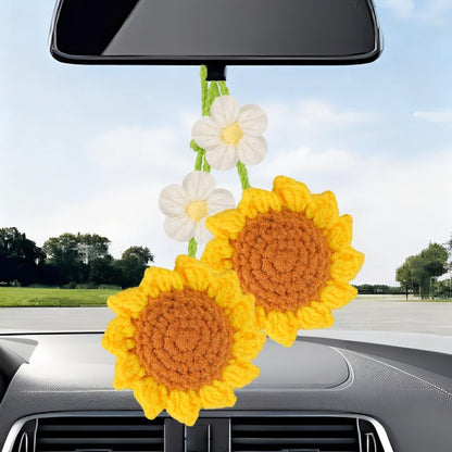 Crochet Strawberry and Flower Car Hanging Ornaments, Aesthetic Rearview Mirror Hanging Accessories, Handmade Car Decor 2-Pack, Yellow