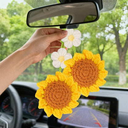 Crochet Strawberry and Flower Car Hanging Ornaments, Aesthetic Rearview Mirror Hanging Accessories, Handmade Car Decor 2-Pack, Yellow