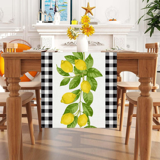 White and Black Buffalo Plaid Check Lemon Table Runner Farmhouse Style Spring Summer Home Kitchen Dinding Room Table Decorations 13x72 Inch