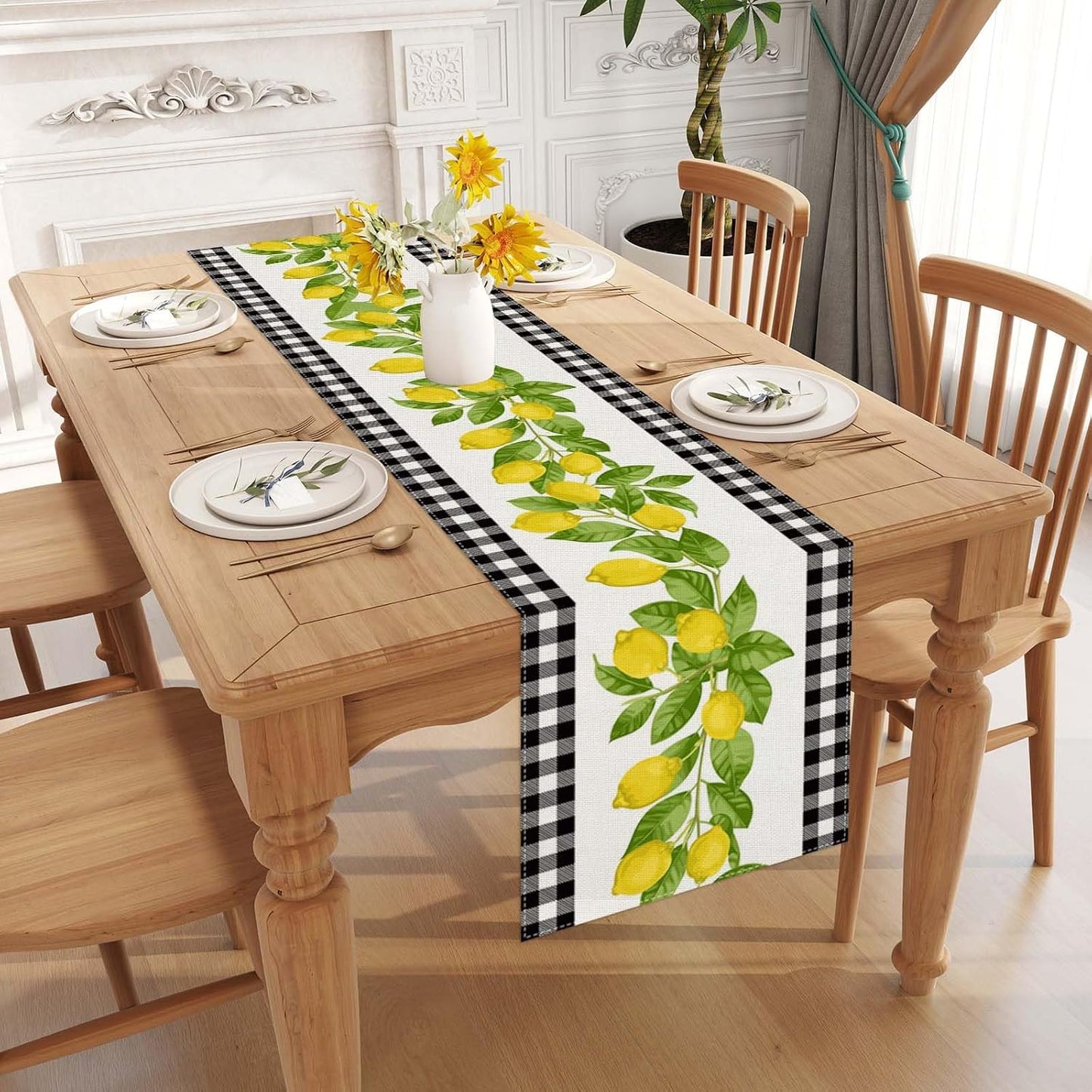 White and Black Buffalo Plaid Check Lemon Table Runner Farmhouse Style Spring Summer Home Kitchen Dinding Room Table Decorations 13x72 Inch