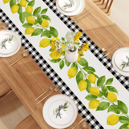 White and Black Buffalo Plaid Check Lemon Table Runner Farmhouse Style Spring Summer Home Kitchen Dinding Room Table Decorations 13x72 Inch
