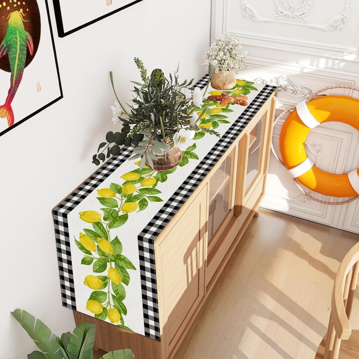 White and Black Buffalo Plaid Check Lemon Table Runner Farmhouse Style Spring Summer Home Kitchen Dinding Room Table Decorations 13x72 Inch