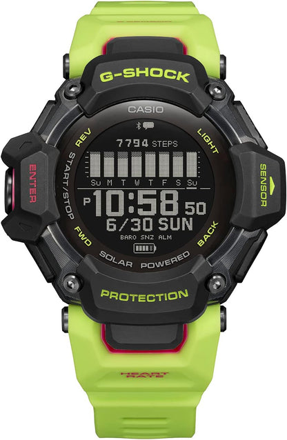 Casio Men's G-Shock Move GBD-H2000 Series, Multisport (Run, Bike, Swim, Gym Workout), GPS + Heart Rate Watch, Quartz Solar Assisted Black Watch with Volt Yellow Resin Strap