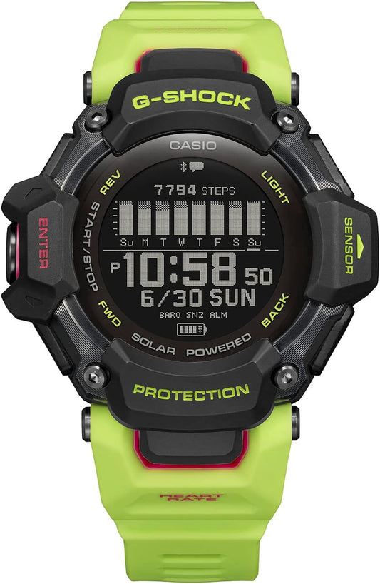 Casio Men's G-Shock Move GBD-H2000 Series, Multisport (Run, Bike, Swim, Gym Workout), GPS + Heart Rate Watch, Quartz Solar Assisted Black Watch with Volt Yellow Resin Strap
